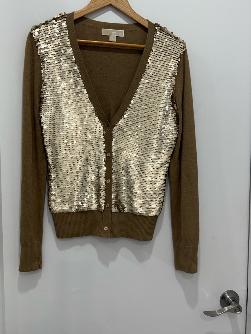 Michael Michael Kors Angora Sequin Front Cardigan Sweater S Brown